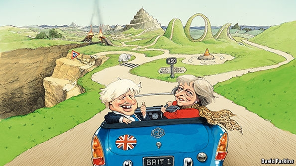 T. May & B. Johnson driving<br>toward hard/soft Brexit T-junction