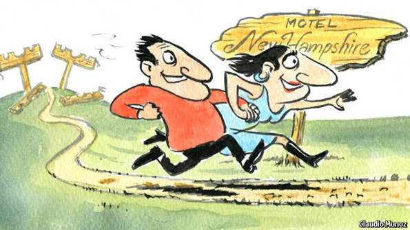 Cartoon showing a couple running