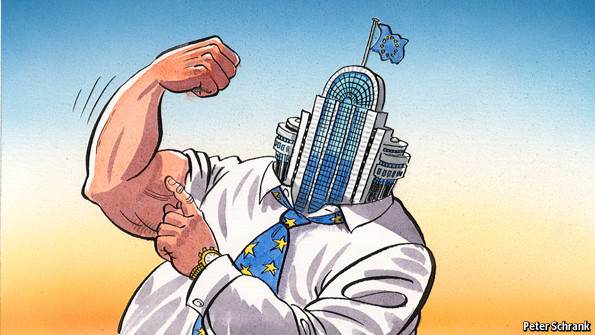 Cartoon from Charlemagne column showing European Parliament flexing its muscles